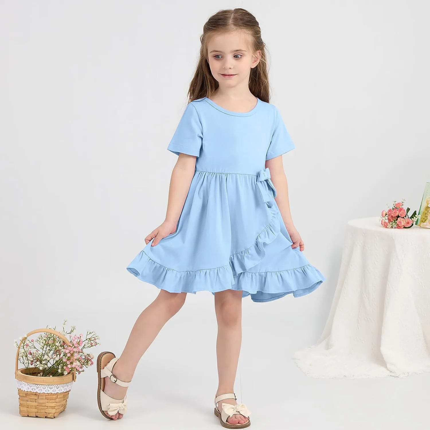 Toddler Girls Dress Cute Short Sleeve with Cotton Summer Dresses Casual Infant Beach Casual Sundress 3-8 Years