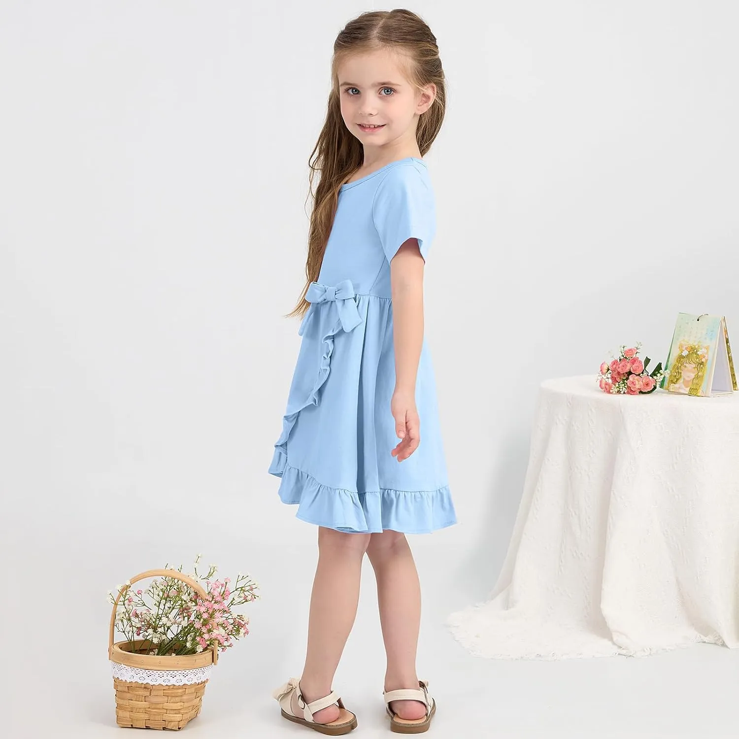Toddler Girls Dress Cute Short Sleeve with Cotton Summer Dresses Casual Infant Beach Casual Sundress 3-8 Years