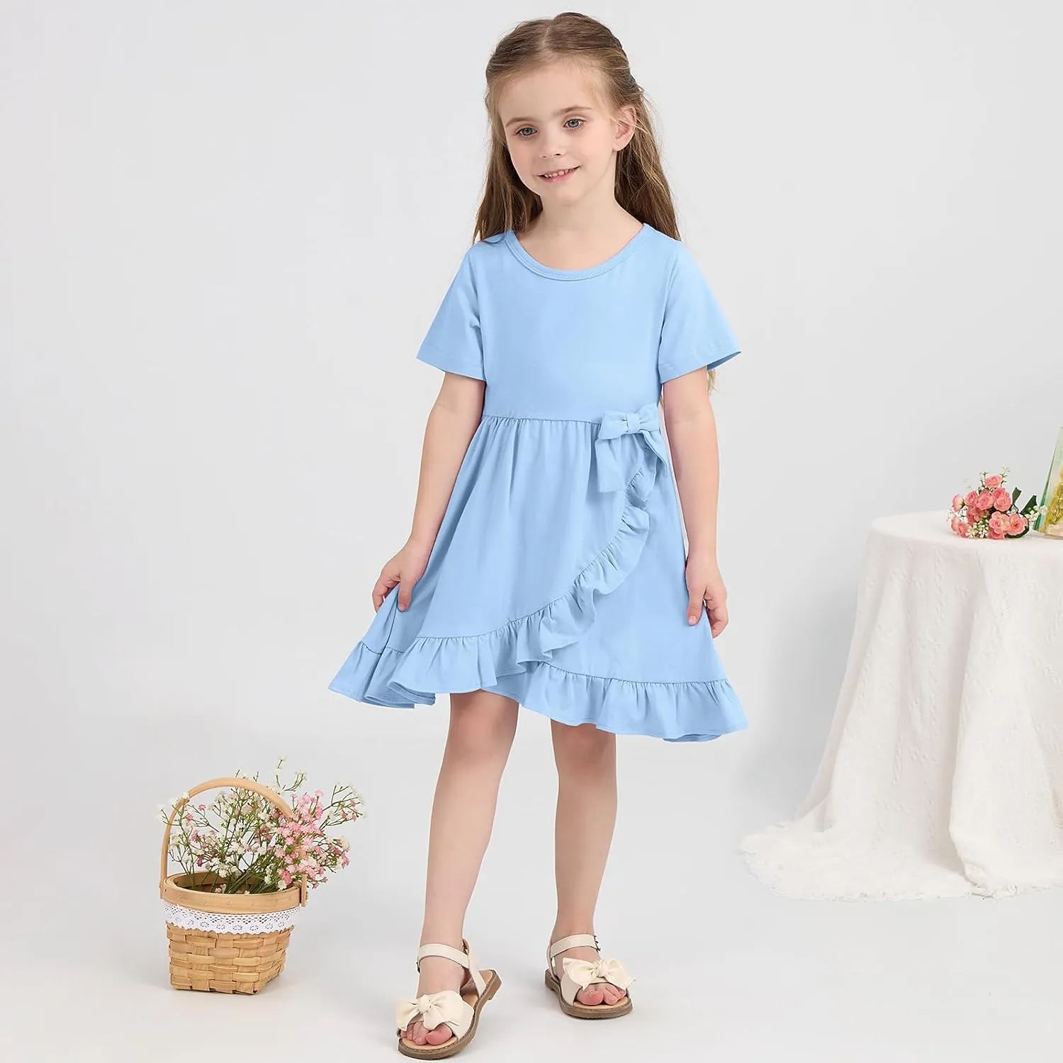 Toddler Girls Dress Cute Short Sleeve with Cotton Summer Dresses Casual Infant Beach Casual Sundress 3-8 Years