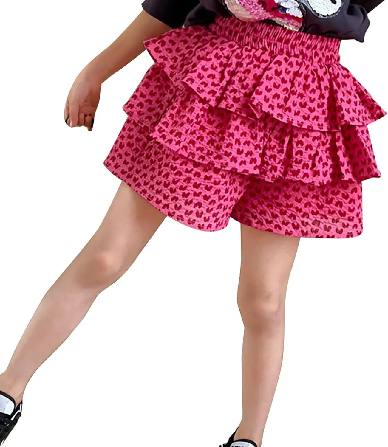 Toddler Girls Elastic Waist Mini Skort Flared Pleated Ruffle Short Tutu Skirts 2-Layer Ruffle Tiered Shorts