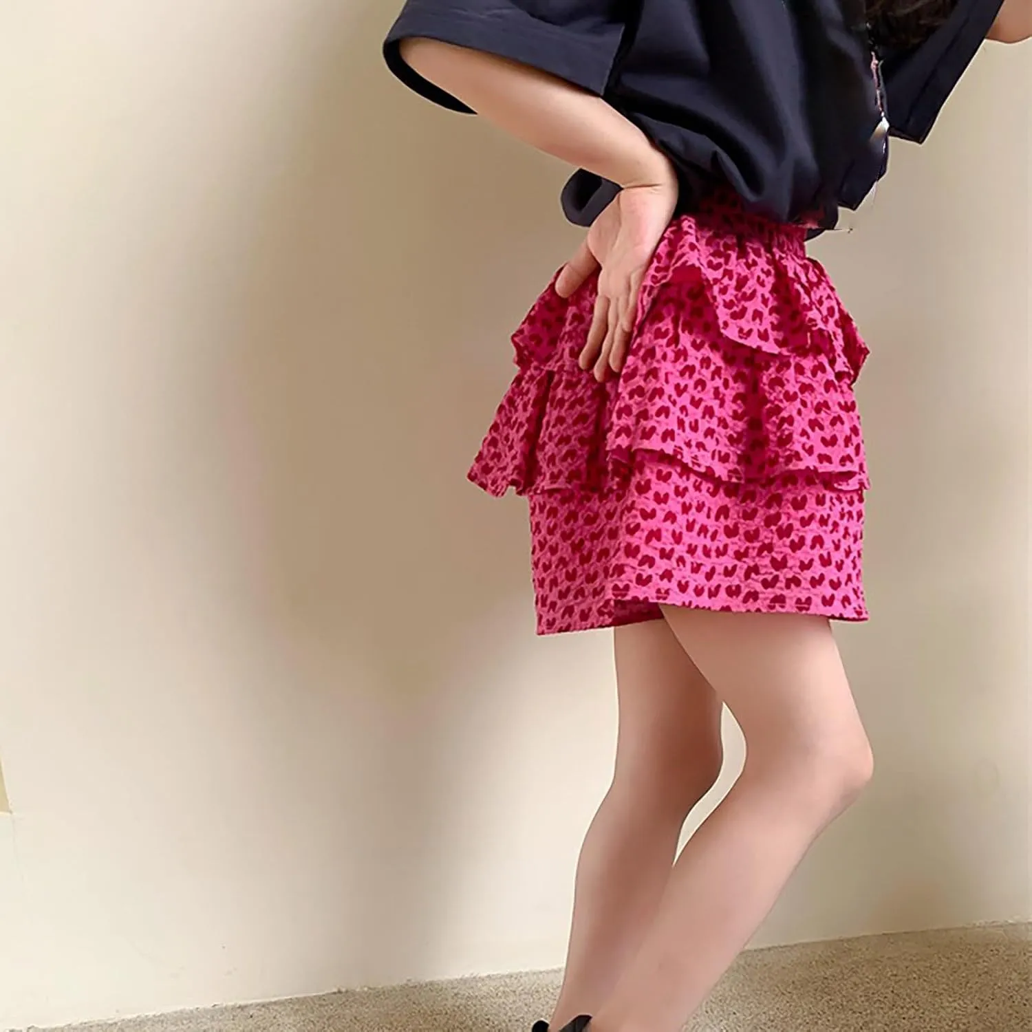 Toddler Girls Elastic Waist Mini Skort Flared Pleated Ruffle Short Tutu Skirts 2-Layer Ruffle Tiered Shorts