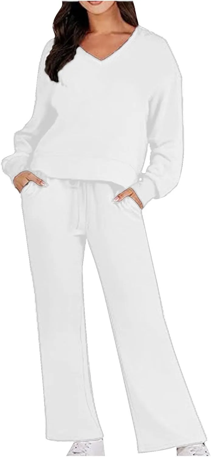 Two Piece Outfits For Women Sweatsuit Long Sleeve Sweatshirt And Wide Leg Sweatpant Lounge Set Matching Tracksuit