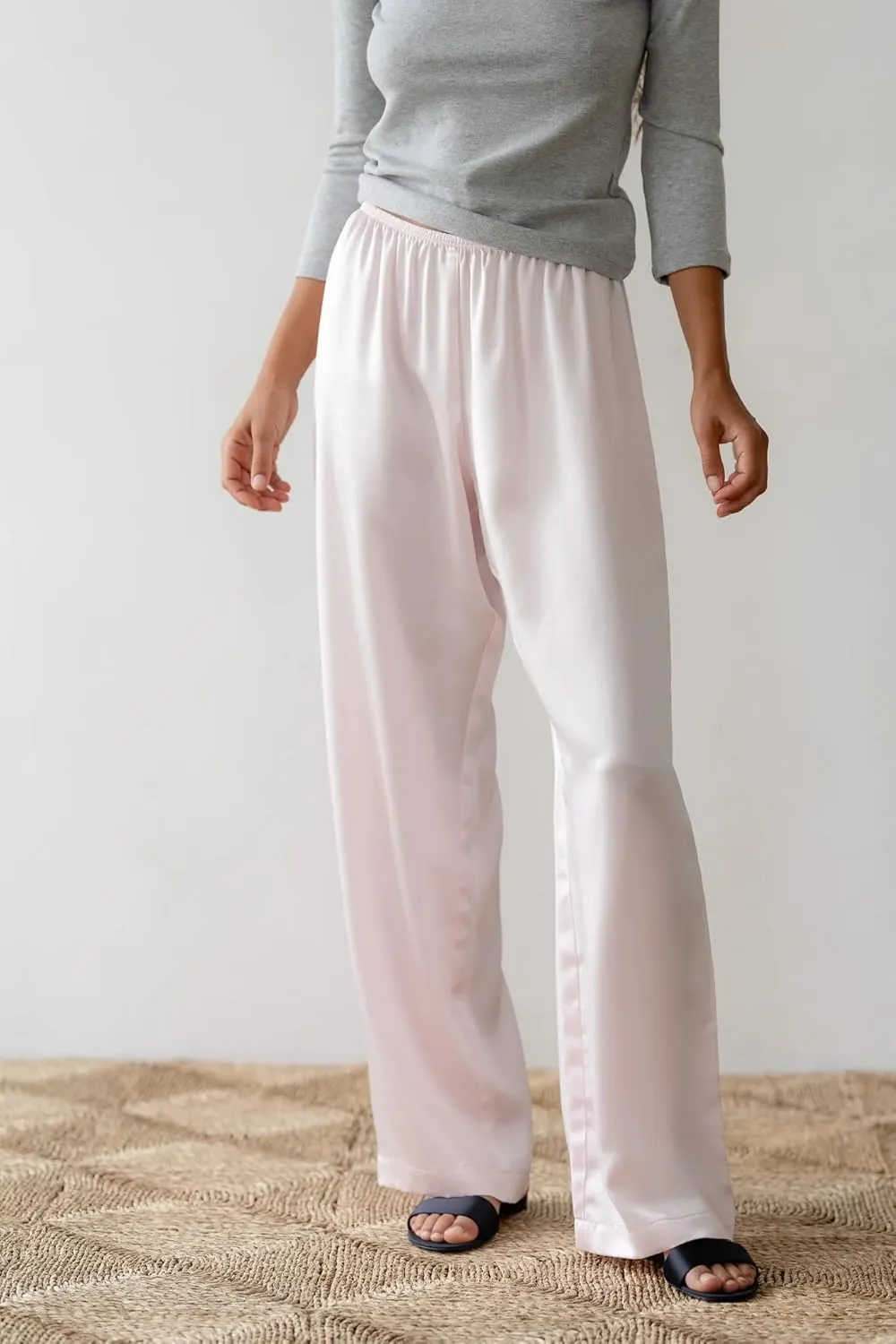 UAURORAO Satin Pants for Women Dressy Silk Wide Leg Lounge Pants Elastic Drawstring Casual Long Flowy Trousers