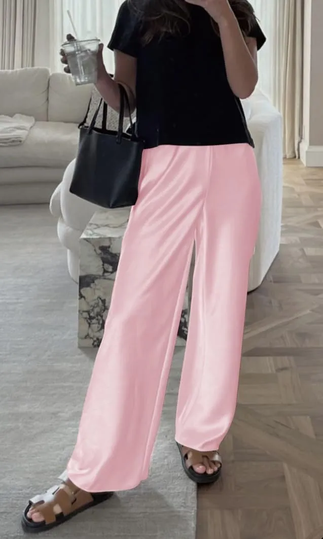 UAURORAO Satin Pants for Women Dressy Silk Wide Leg Lounge Pants Elastic Drawstring Casual Long Flowy Trousers