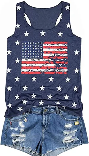USA Tank Tops Women American Flag Sleeveless Shirt Novelty Graphic 4th July Patriotic Shirt Vest Summer Racerback Top