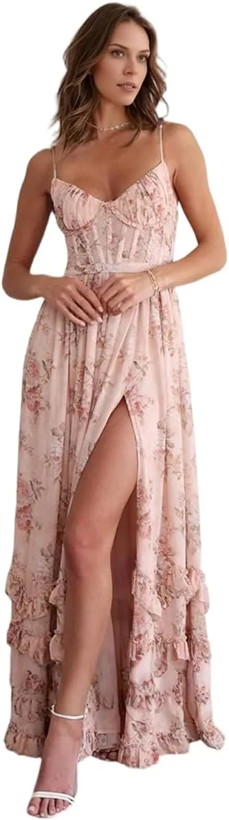 V Neck Chiffon Bridesmaid Dresses for Women Long A Line Plus Size Floral Formal Evening Gowns with Slit