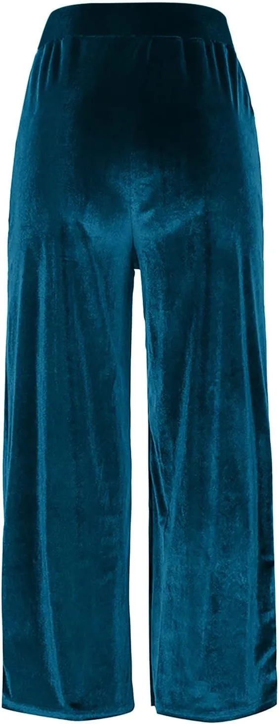 Velour Sweatpants Womens Elastic High Waist Loose Casual Yoga Pants Solid Soft Wide-Leg Straight Trousers