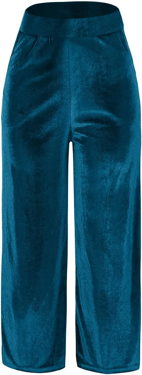 Velour Sweatpants Womens Elastic High Waist Loose Casual Yoga Pants Solid Soft Wide-Leg Straight Trousers