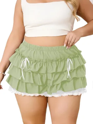 Verdusa Women's Plus Size Coquette Ruffle Shorts Bow Front Lace Trim Bloomer Shorts