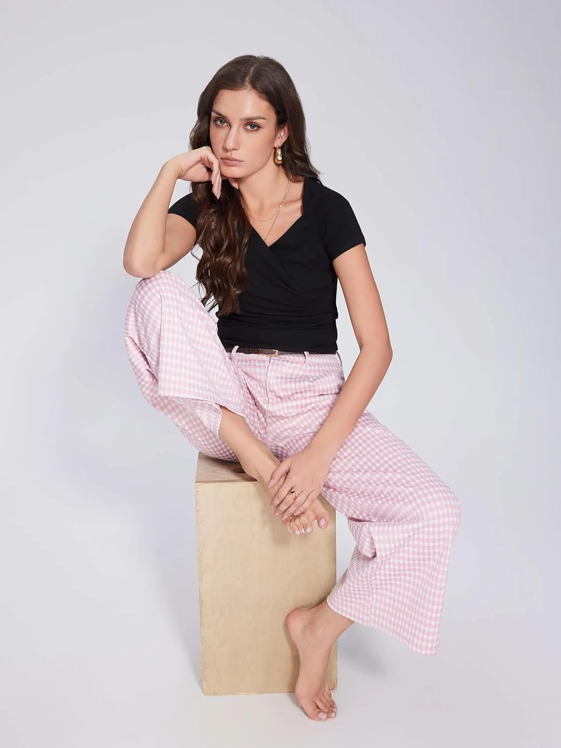 Vinova Womens Wide Straight Leg Pants Summer Plaid Pleated High Waisted Casual Work Pants