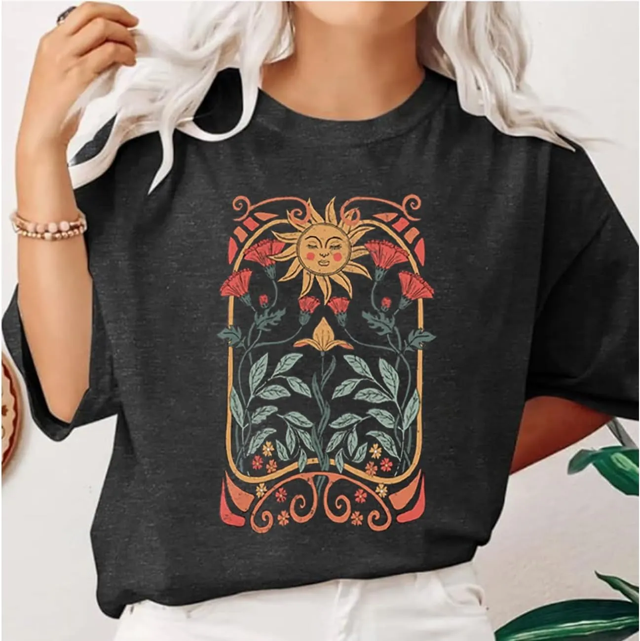 Vintage Boho Sun Flowers Shirt Women Retro Wildflowers Graphic Tee Casual Short Sleeve Tops Floral Print T-Shirt