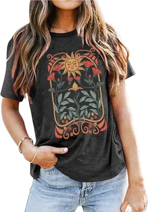 Vintage Boho Sun Flowers Shirt Women Retro Wildflowers Graphic Tee Casual Short Sleeve Tops Floral Print T-Shirt