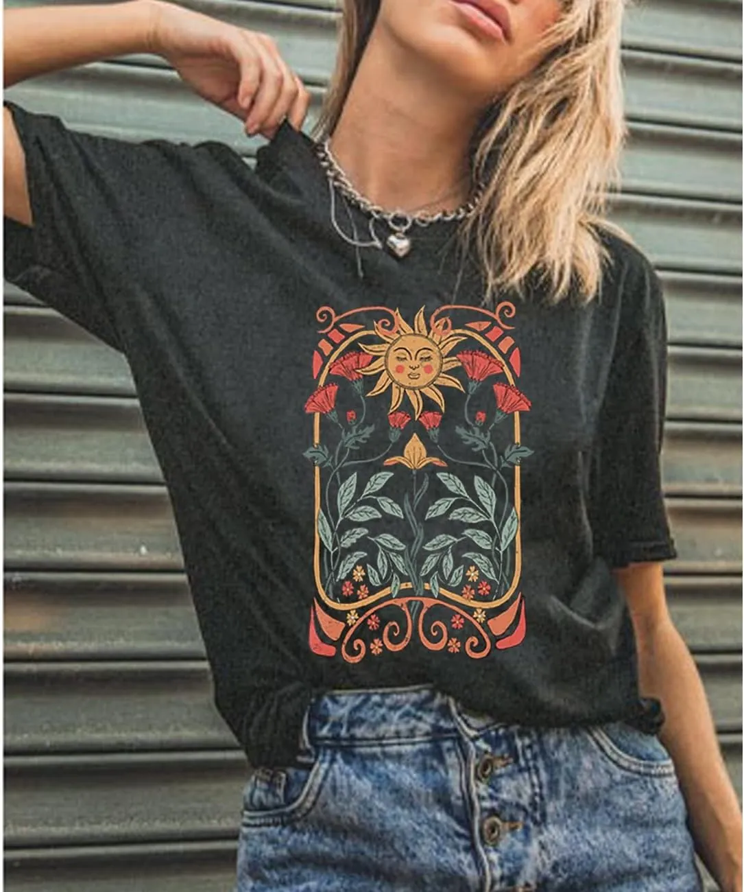 Vintage Boho Sun Flowers Shirt Women Retro Wildflowers Graphic Tee Casual Short Sleeve Tops Floral Print T-Shirt