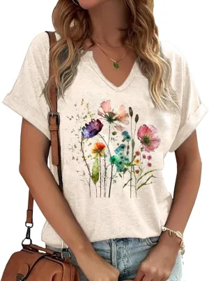 Vintage Flowers V Neck Shirt for Women Boho Floral Wildflowers Graphic Tee Casual Cottagecore Summer T Shirt