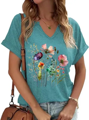 Vintage Flowers V Neck Shirt for Women Boho Floral Wildflowers Graphic Tee Casual Cottagecore Summer T Shirt