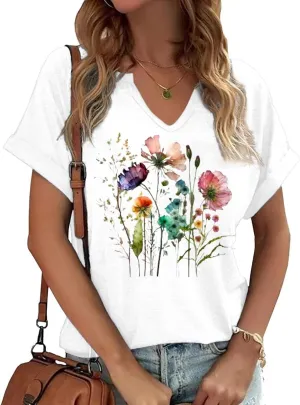 Vintage Flowers V Neck Shirt for Women Boho Floral Wildflowers Graphic Tee Casual Cottagecore Summer T Shirt