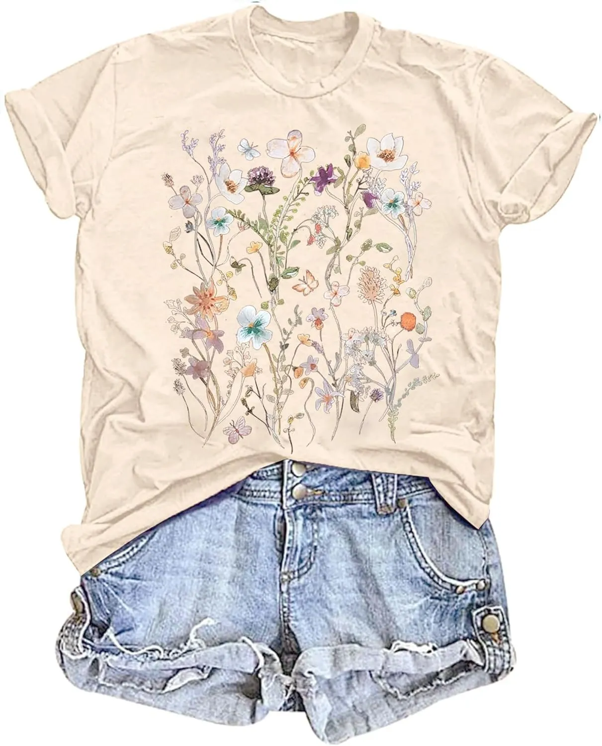 Vintage Wildflowers Graphic Shirt Women's Casual Holiday Short Sleeved T-Shirt Boho Floral Printed Tee Fall Tops