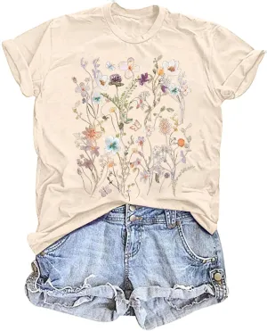 Vintage Wildflowers Graphic Shirt Women's Casual Holiday Short Sleeved T-Shirt Boho Floral Printed Tee Fall Tops
