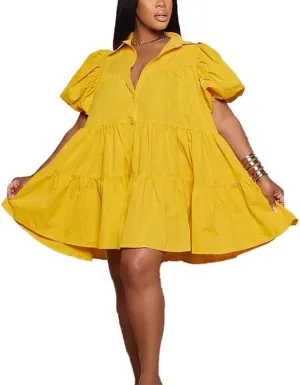VIVICOLOR Womens Puff Sleeve Babydoll Mini Shirt Dress Button Down Lapel Ruffle Hem Mini Shirt Dress, X-Large