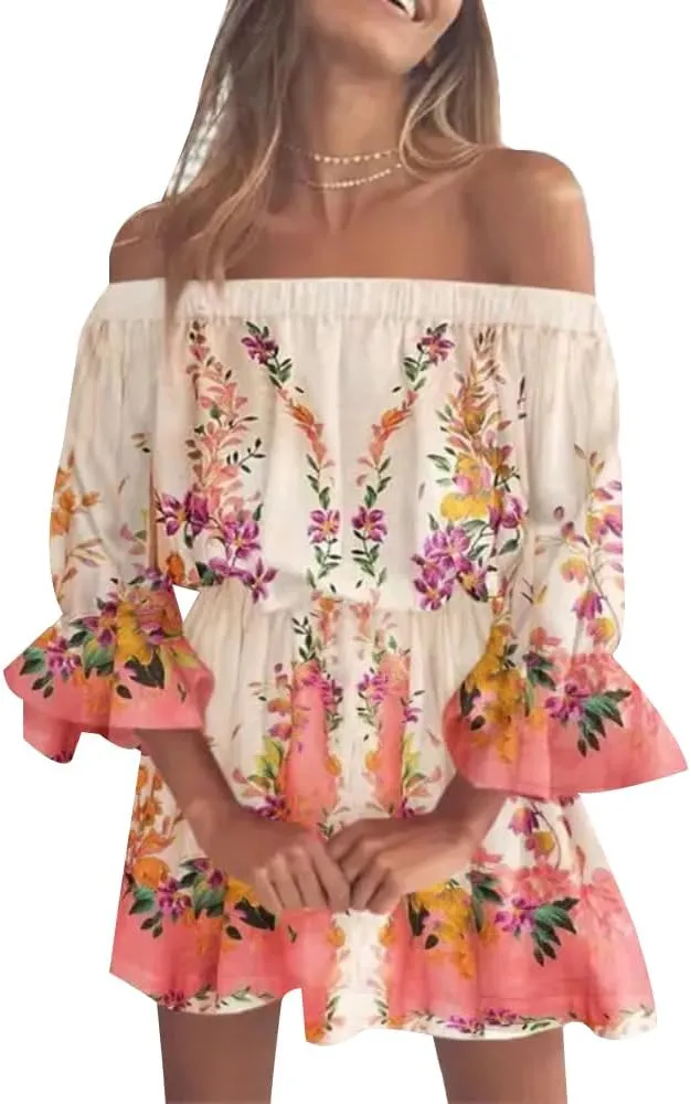 Vrtige Women's Floral Off Shoulder Flounce Half Sleeve Ruffle Hem A Line Mini Dress