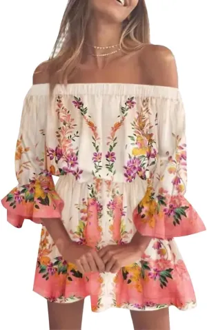 Vrtige Women's Floral Off Shoulder Flounce Half Sleeve Ruffle Hem A Line Mini Dress