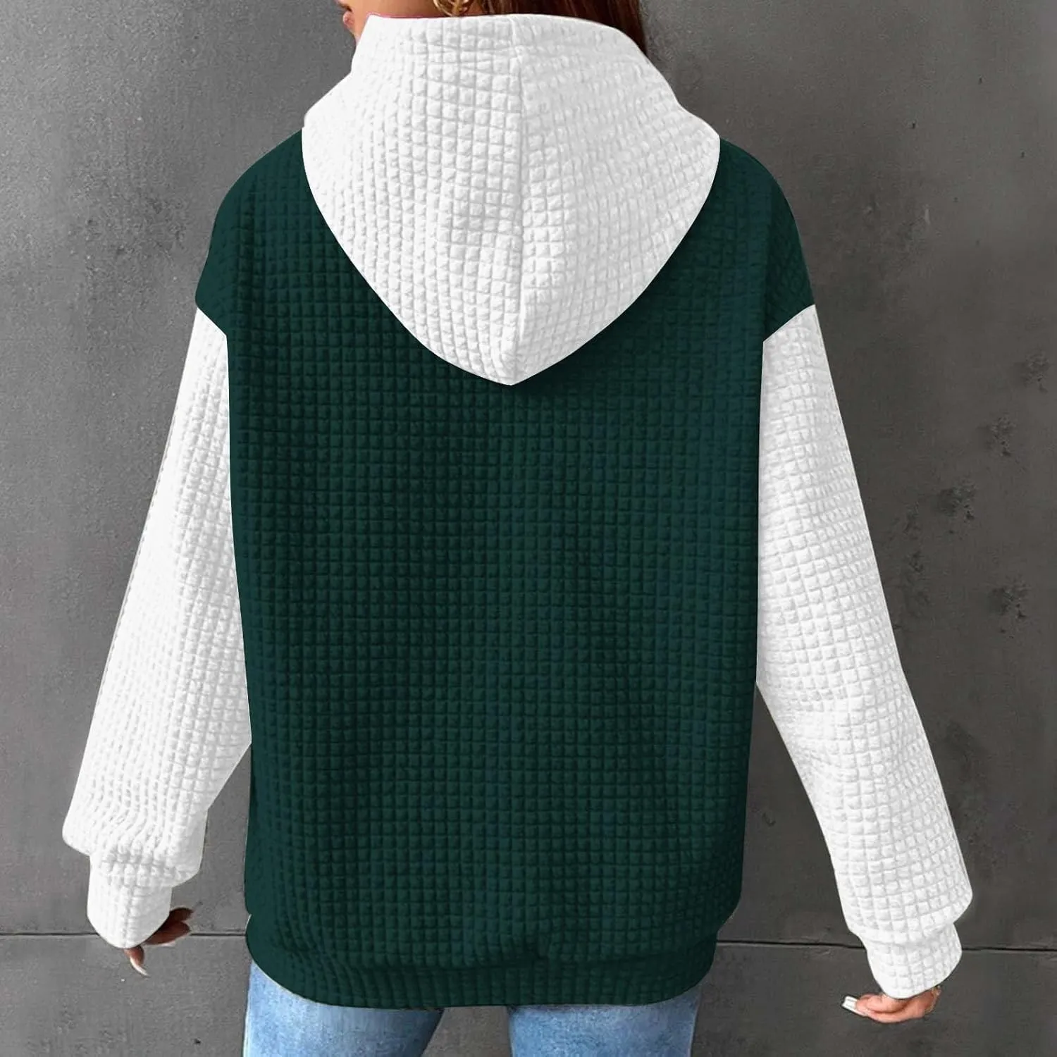 Waffle Hoodies for Women Oversized Hooded Sweatshirts Long Sleeve Color Block Pullover Tops with Pocket