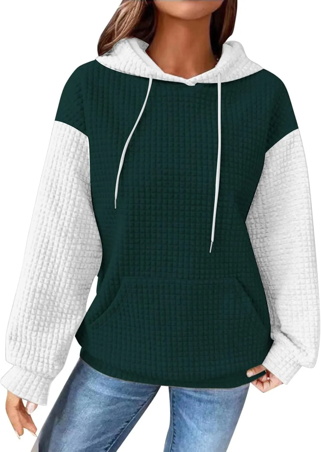 Waffle Hoodies for Women Oversized Hooded Sweatshirts Long Sleeve Color Block Pullover Tops with Pocket