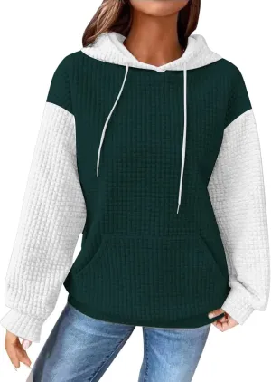 Waffle Hoodies for Women Oversized Hooded Sweatshirts Long Sleeve Color Block Pullover Tops with Pocket