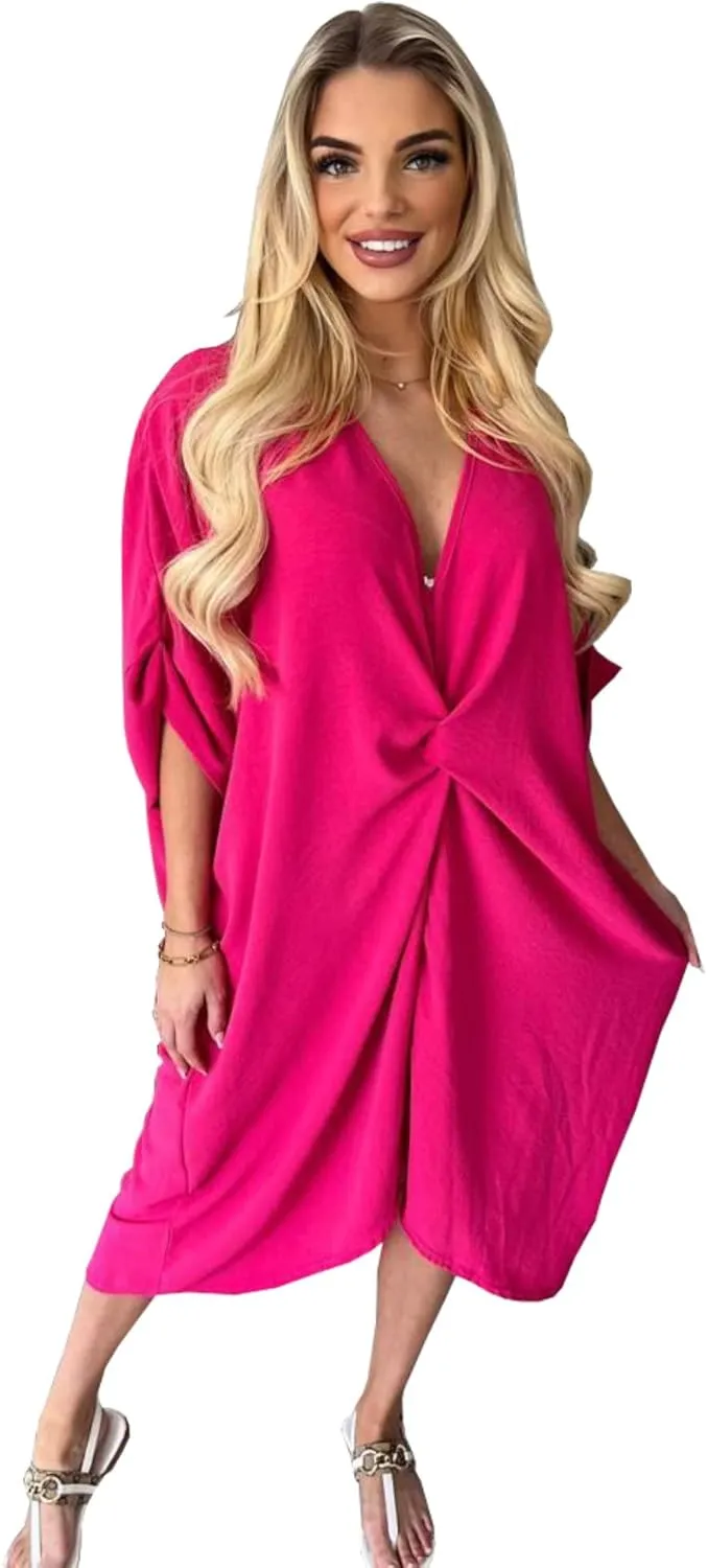 WearAll Women Tie Knot Twist V-Neck Oversized Long Summer Smock Midi Dress Ladies Plain Batwing Sleeve Baggy Plus Size 8-18
