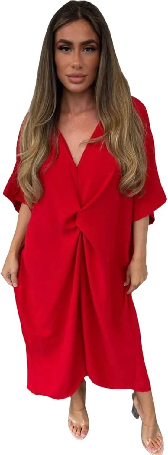 WearAll Women Tie Knot Twist V-Neck Oversized Long Summer Smock Midi Dress Ladies Plain Batwing Sleeve Baggy Plus Size 8-18