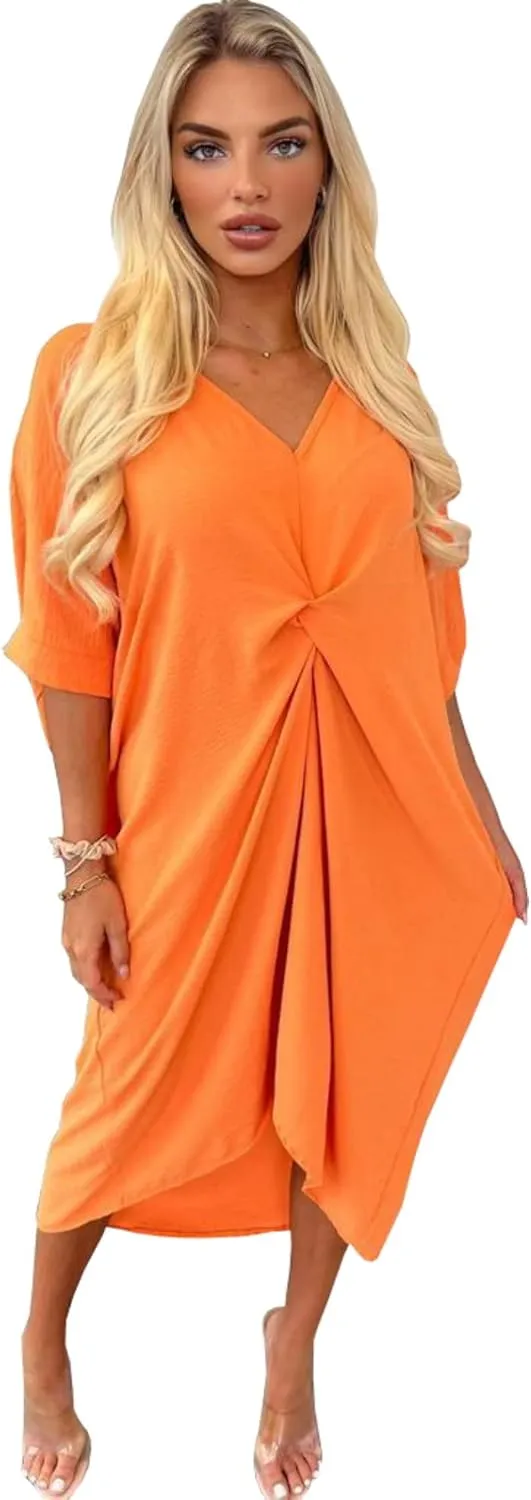 WearAll Women Tie Knot Twist V-Neck Oversized Long Summer Smock Midi Dress Ladies Plain Batwing Sleeve Baggy Plus Size 8-18