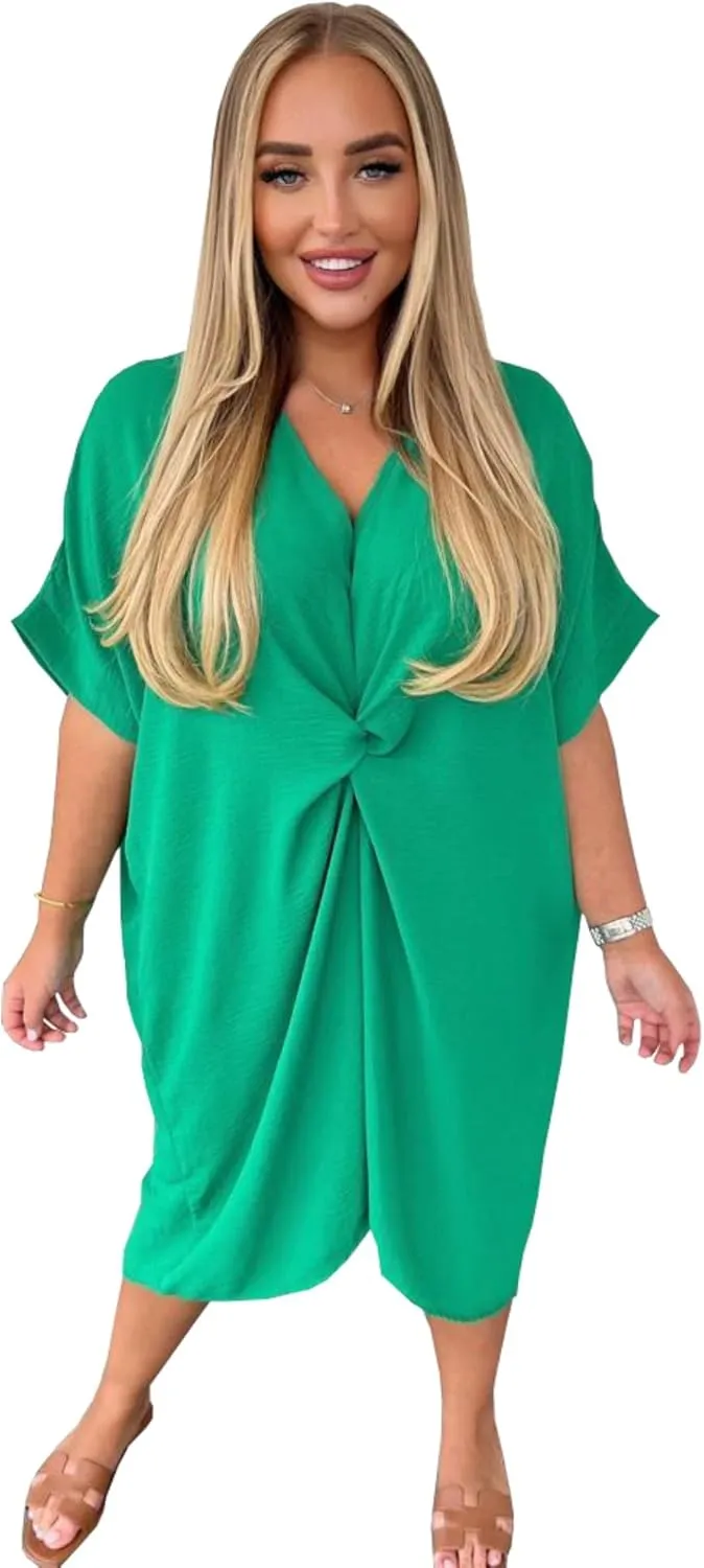 WearAll Women Tie Knot Twist V-Neck Oversized Long Summer Smock Midi Dress Ladies Plain Batwing Sleeve Baggy Plus Size 8-18