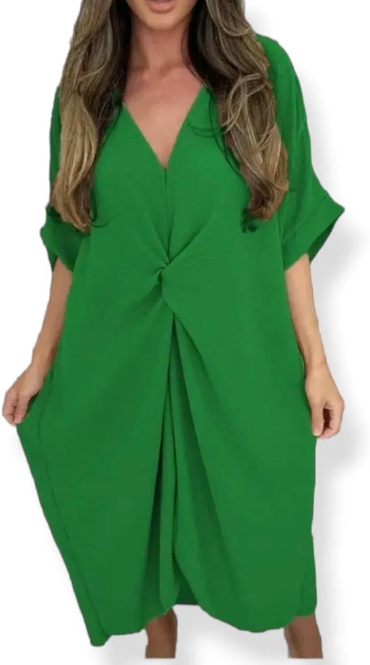 WearAll Women Tie Knot Twist V-Neck Oversized Long Summer Smock Midi Dress Ladies Plain Batwing Sleeve Baggy Plus Size 8-18