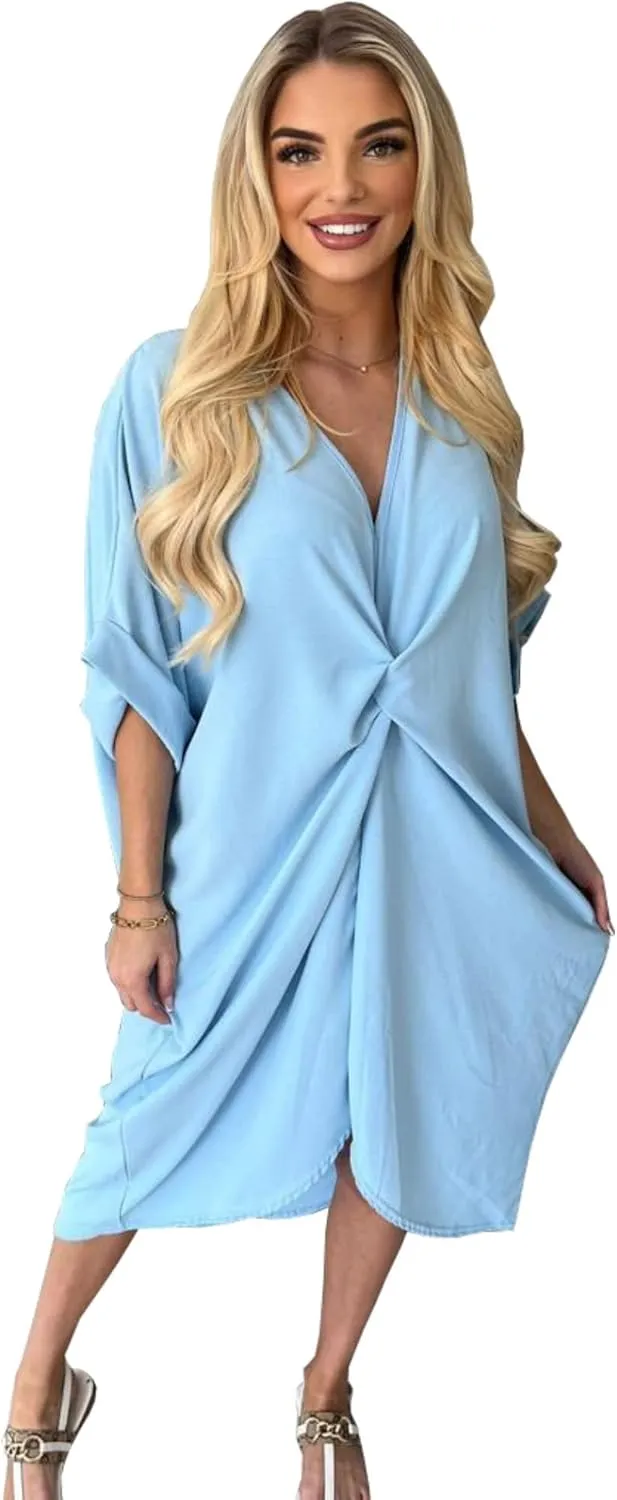 WearAll Women Tie Knot Twist V-Neck Oversized Long Summer Smock Midi Dress Ladies Plain Batwing Sleeve Baggy Plus Size 8-18