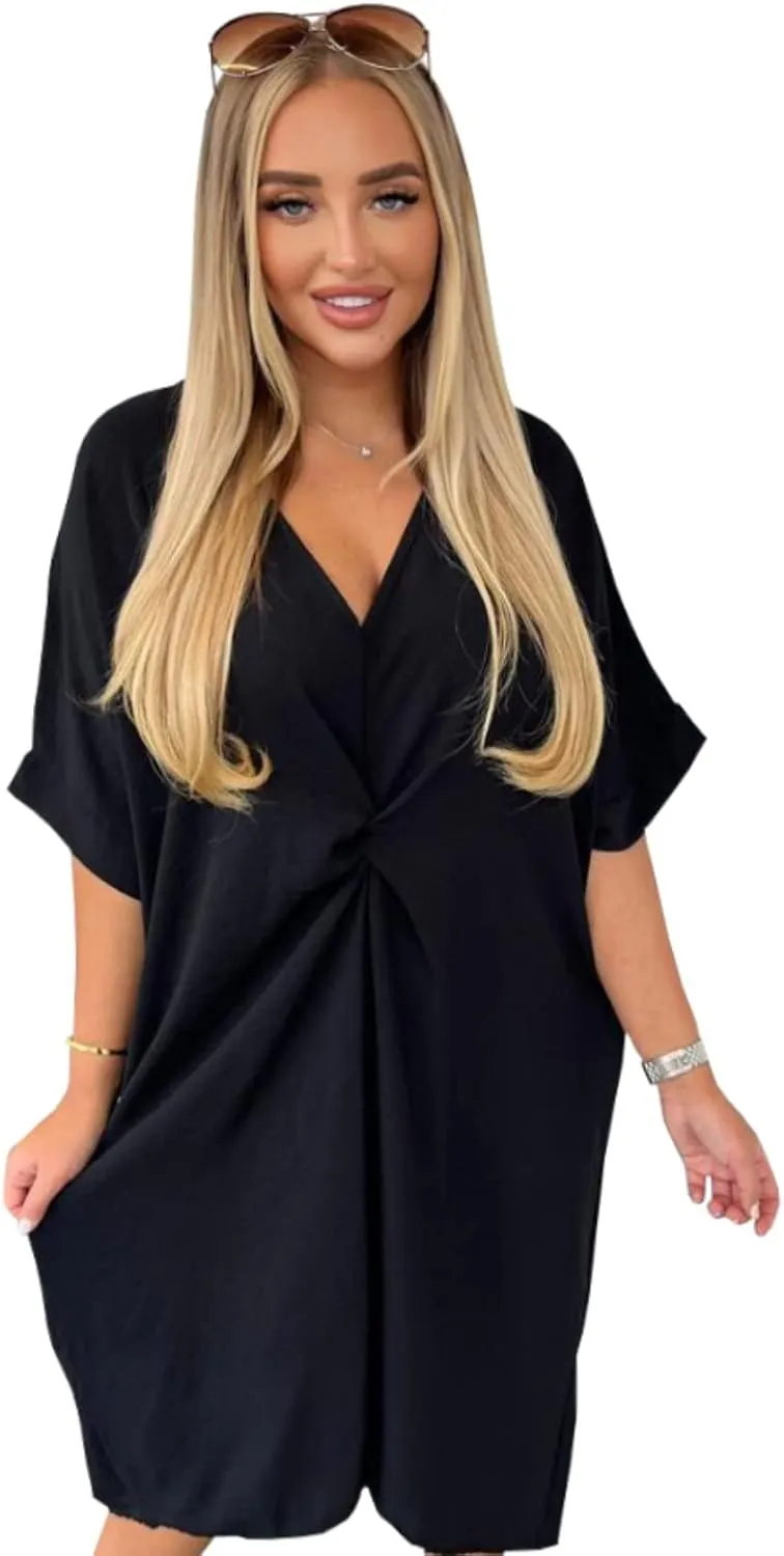 WearAll Women Tie Knot Twist V-Neck Oversized Long Summer Smock Midi Dress Ladies Plain Batwing Sleeve Baggy Plus Size 8-18