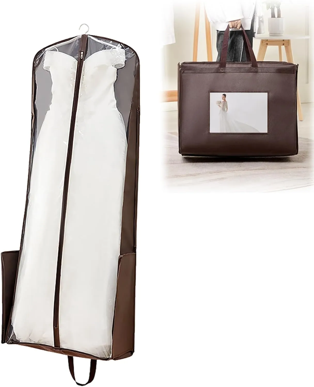 Wedding Dress Garment Bag, Foldable Hanging Clothes Bag with Handle, Clear Long Dresses Cover for Coat, Wedding Dress, Gown(Brown,60x25x180cm)