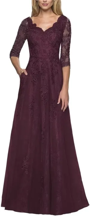 Wedding Guest Mother of The Bride Dress 3/4 Sleeves Tulle Lace Appliques Dresses Long Evening Dresses