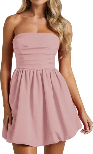 Wenrine Women's Sexy Strapless Summer Mini Dress Sleeveless Smocked A Lined Bubble Wedding Club Party Dress