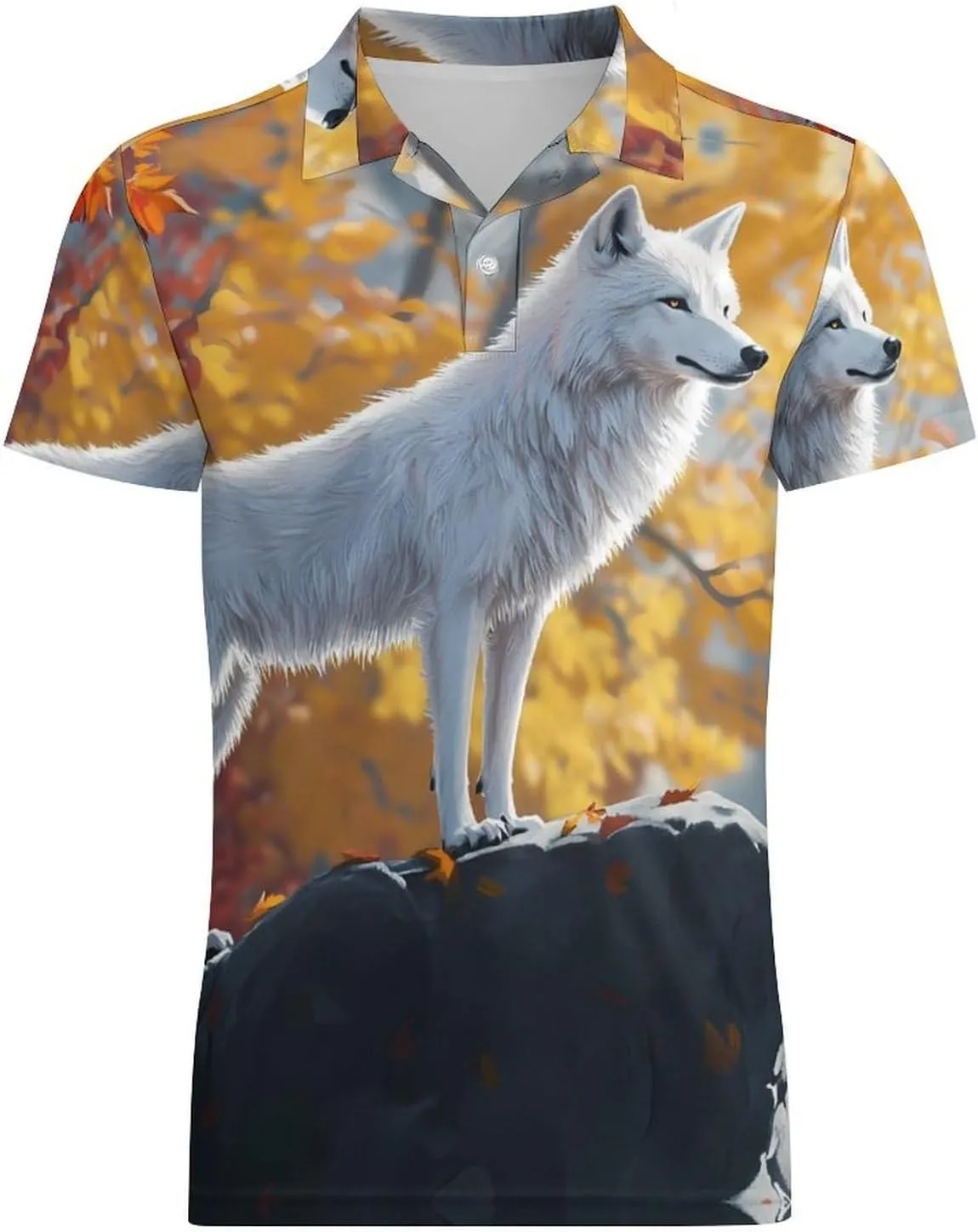 White Wolf in Autumn Men's Polo-Shirt Regular-Fit Short Sleeve Sports Quick Dry Golf Tennis T-Shirt
