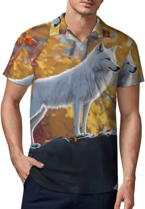 White Wolf in Autumn Men's Polo-Shirt Regular-Fit Short Sleeve Sports Quick Dry Golf Tennis T-Shirt