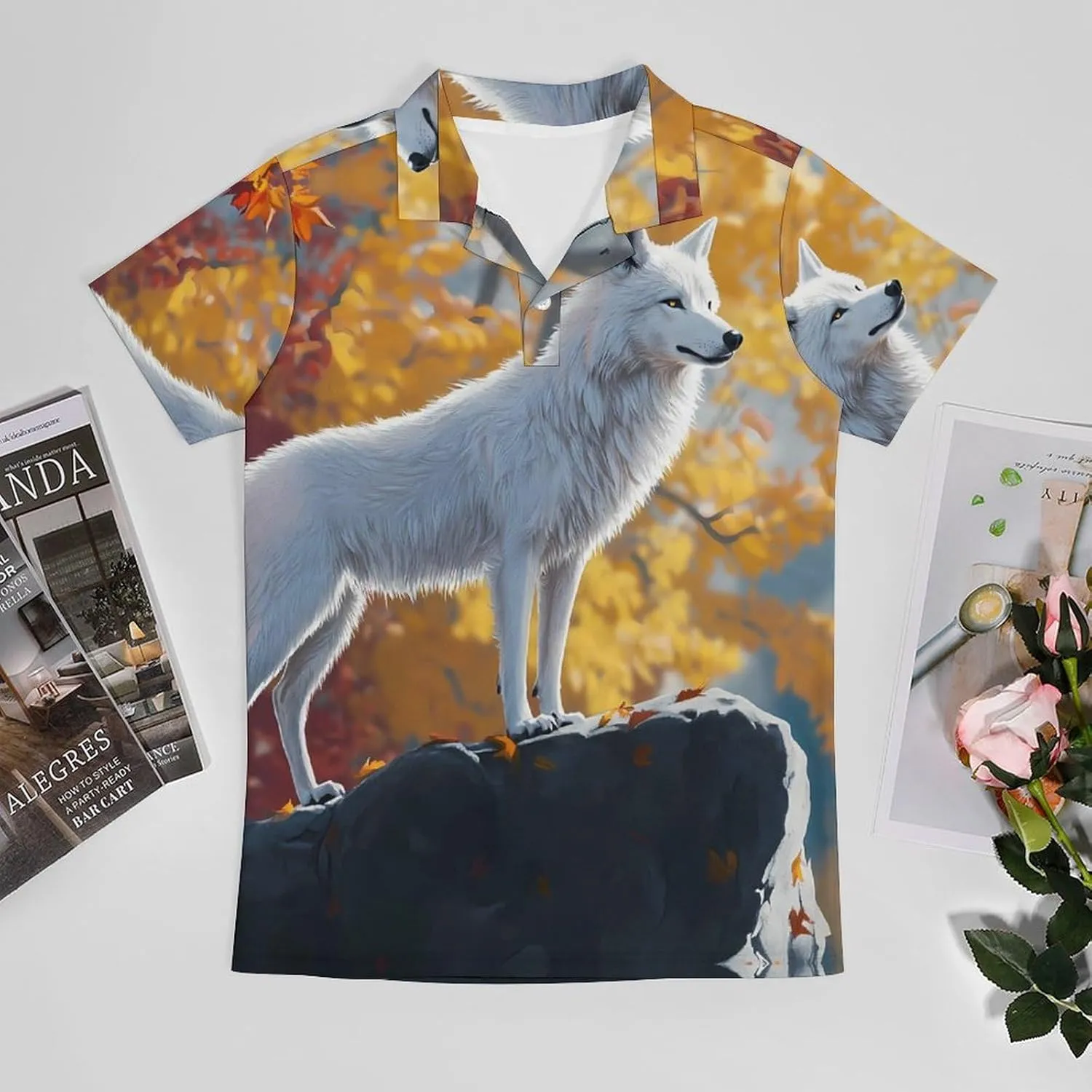 White Wolf in Autumn Men's Polo-Shirt Regular-Fit Short Sleeve Sports Quick Dry Golf Tennis T-Shirt