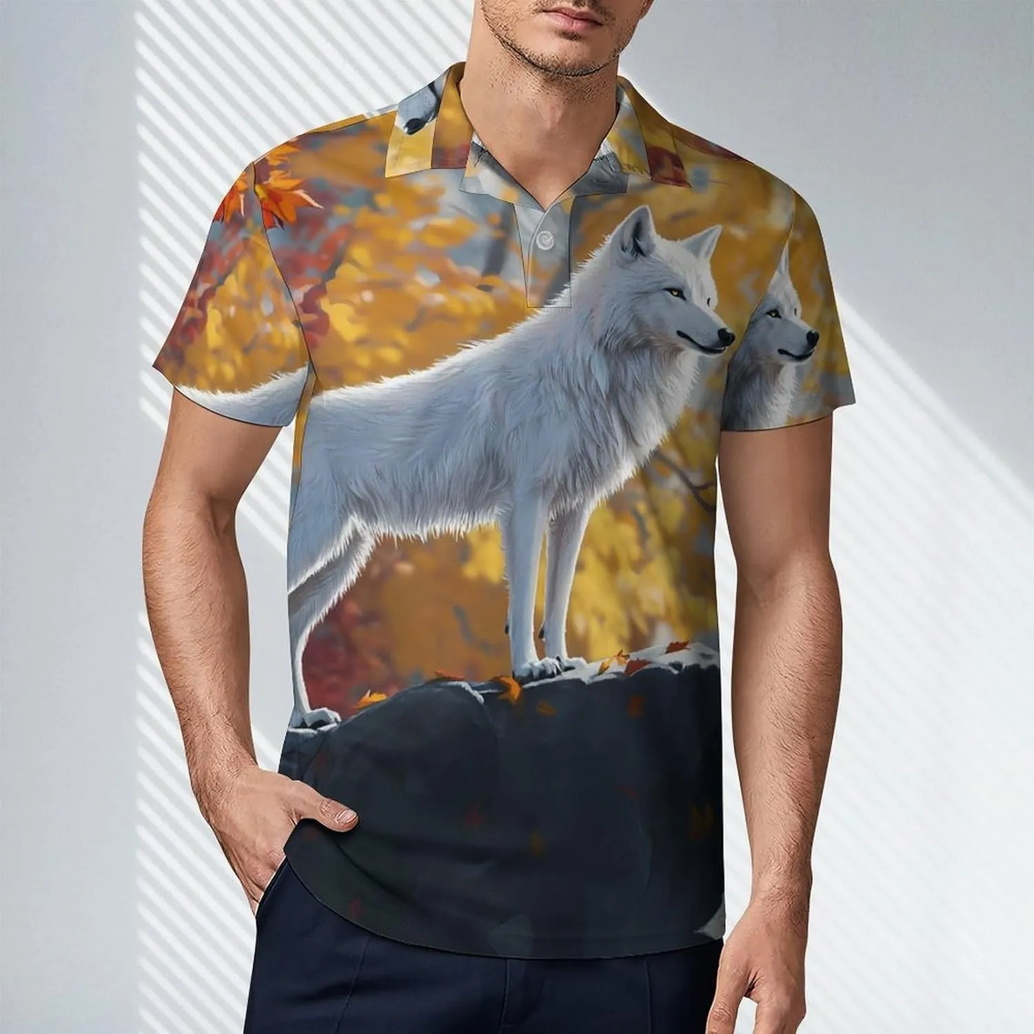 White Wolf in Autumn Men's Polo-Shirt Regular-Fit Short Sleeve Sports Quick Dry Golf Tennis T-Shirt