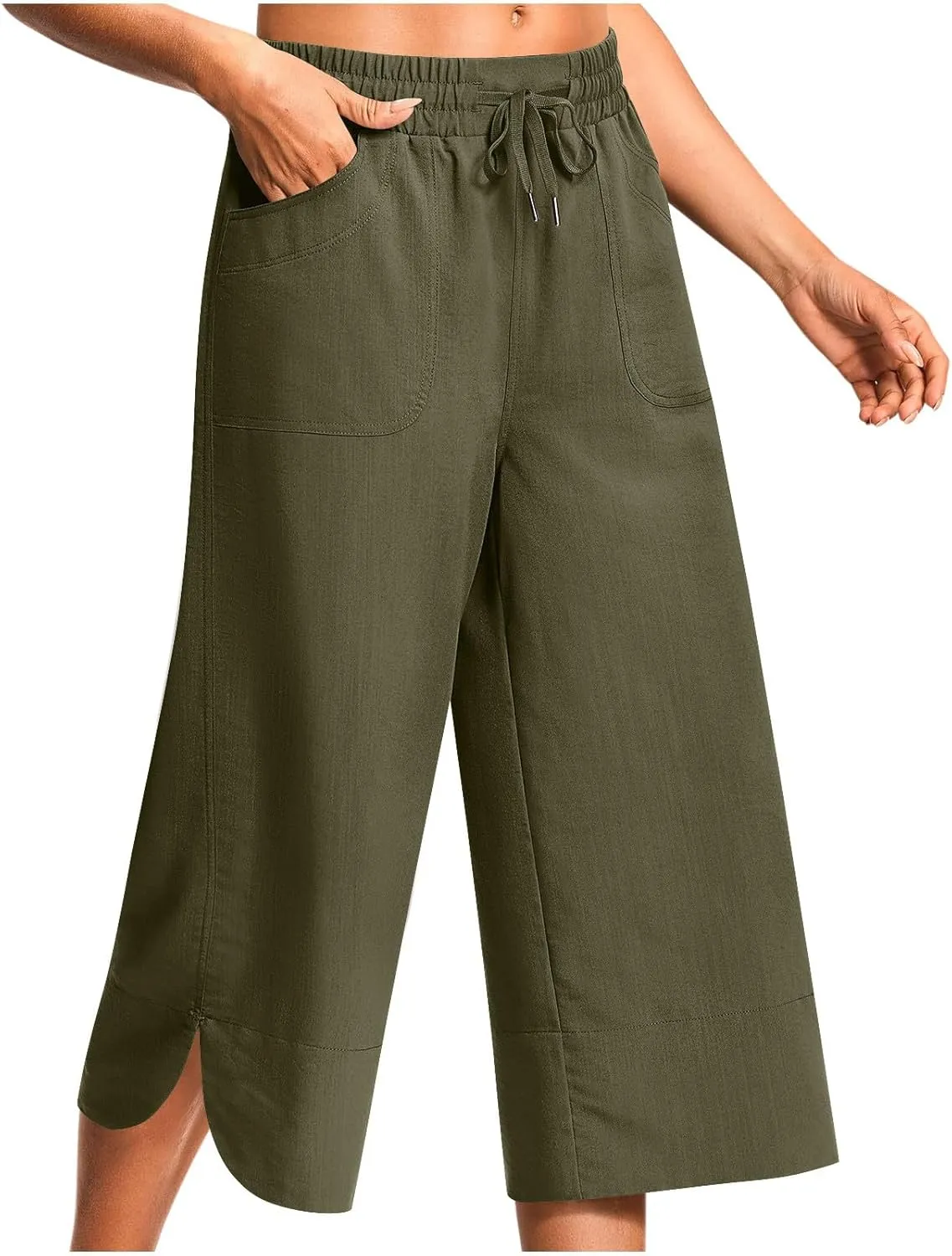 Wide Leg Capri Pants for Women Side Slit Hem Summer Casual Elastic High Waisted Cropped Trousers with Pockets