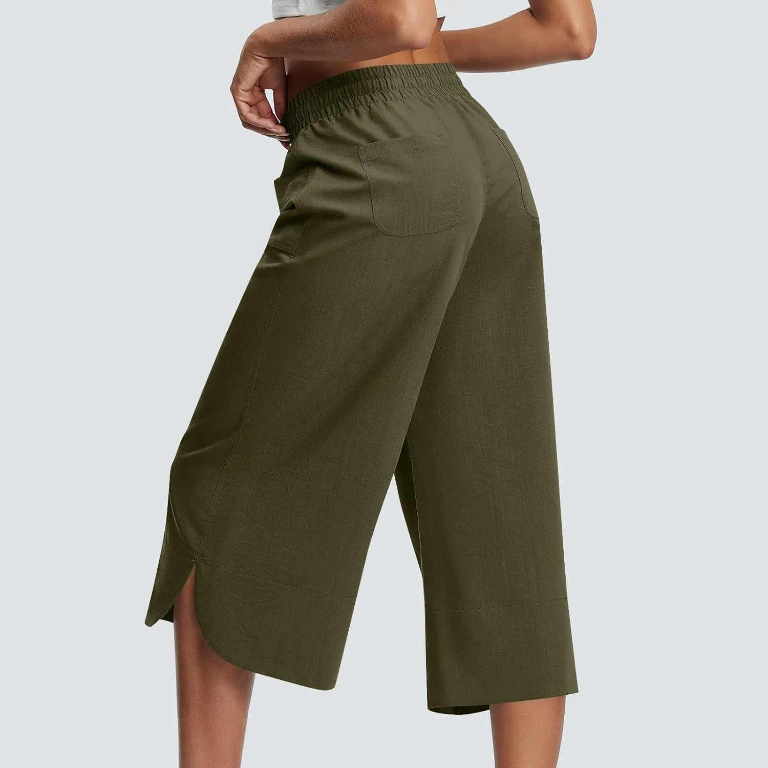 Wide Leg Capri Pants for Women Side Slit Hem Summer Casual Elastic High Waisted Cropped Trousers with Pockets