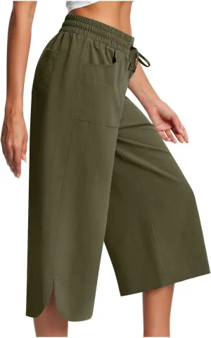 Wide Leg Capri Pants for Women Side Slit Hem Summer Casual Elastic High Waisted Cropped Trousers with Pockets