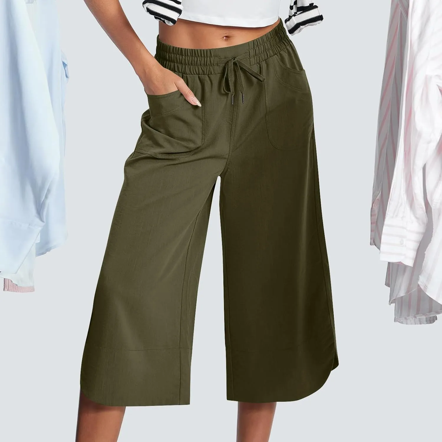 Wide Leg Capri Pants for Women Side Slit Hem Summer Casual Elastic High Waisted Cropped Trousers with Pockets