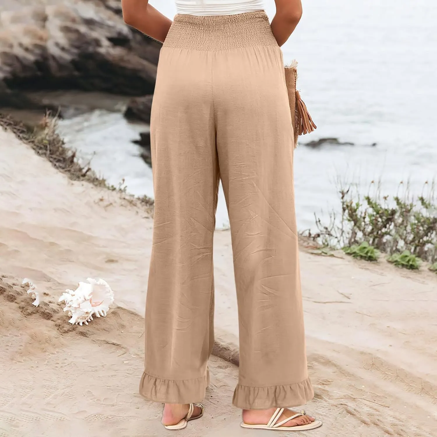 Wide Leg Linen Pants for Women Beach Vacation Ruffle Hem Palazzo Pants Baggy High Waist Smocked Pants with Pockets