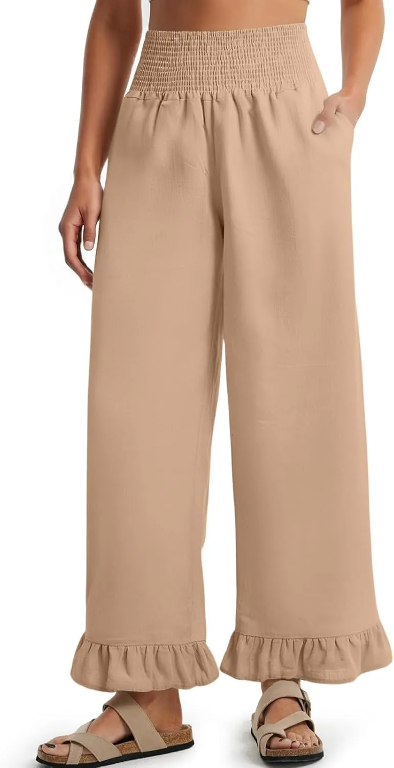 Wide Leg Linen Pants for Women Beach Vacation Ruffle Hem Palazzo Pants Baggy High Waist Smocked Pants with Pockets