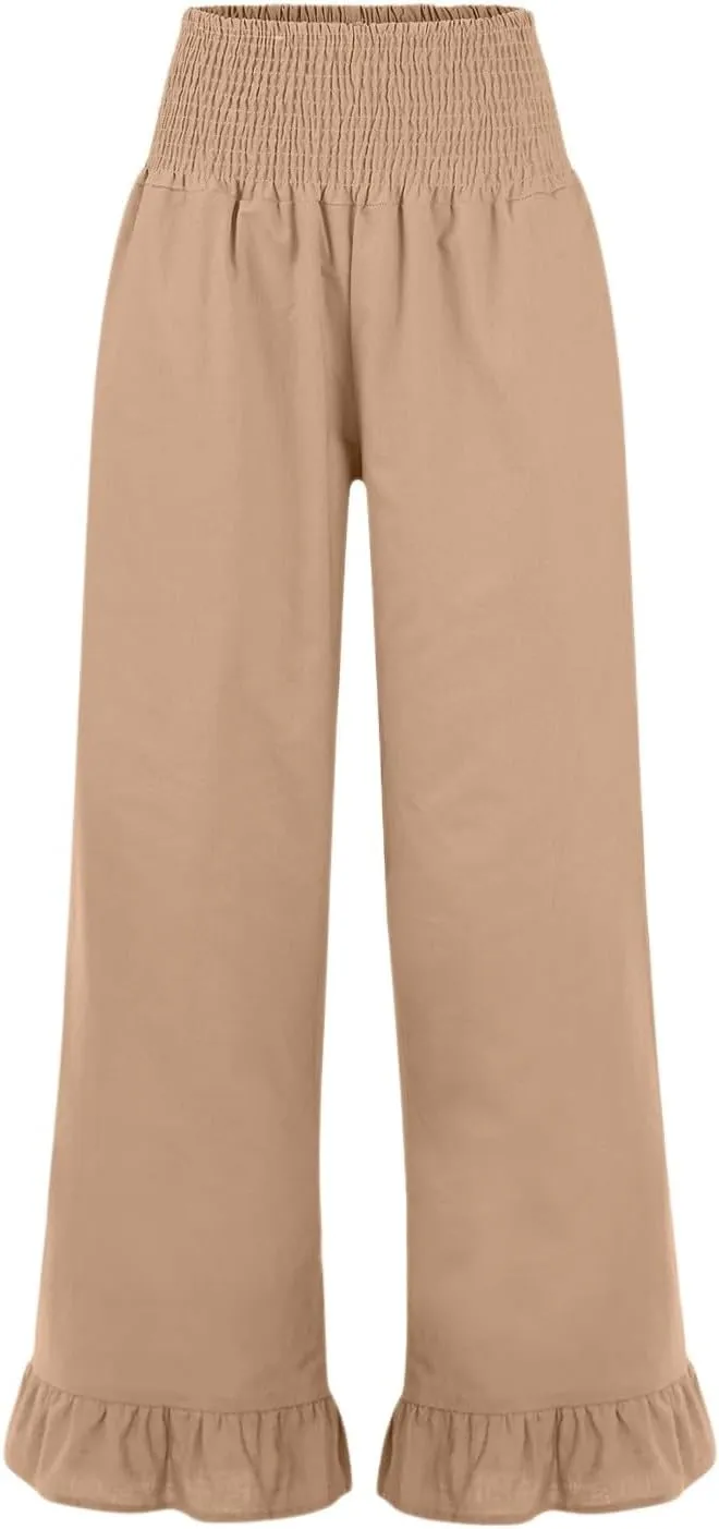 Wide Leg Linen Pants for Women Beach Vacation Ruffle Hem Palazzo Pants Baggy High Waist Smocked Pants with Pockets