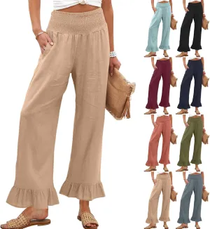 Wide Leg Linen Pants for Women Beach Vacation Ruffle Hem Palazzo Pants Baggy High Waist Smocked Pants with Pockets
